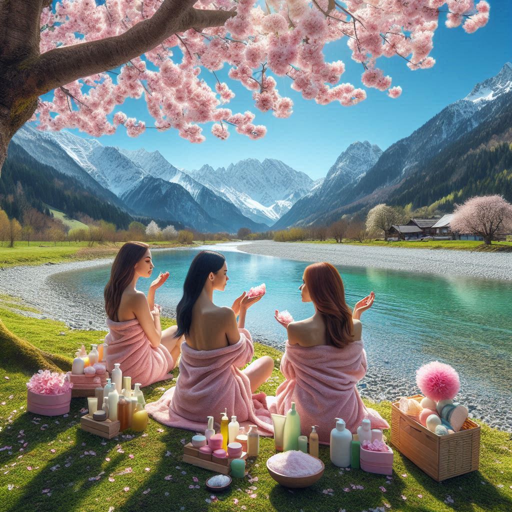 Serene lakeside relaxation with a spa ambiance, featuring individuals in robes enjoying beauty and wellness products under cherry blossoms - a perfect retreat for rejuvenation.