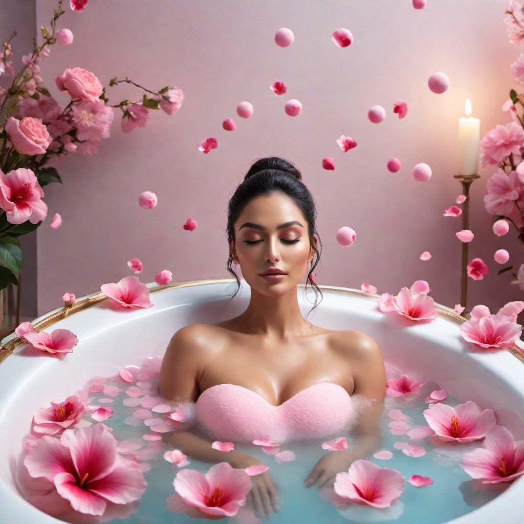 Woman laying in a bathtub with flower petals, eyes closed, enjoying a relaxing bath with bath bombs