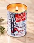 Maple Syrup Tin wood-wick candle, lit — hand-poured in Montreal by Seracon Eco-Culture