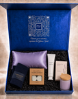 Code Calm nurse gift set inside the open Gitano Kit navy gift box with signature QR lid — post-shift recovery essentials nestled in black tissue