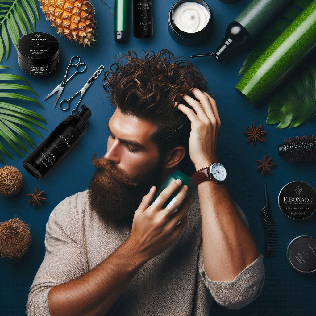 Curly-haired man applying Fibonacci Premium Hair Care products for defined, stylish curls