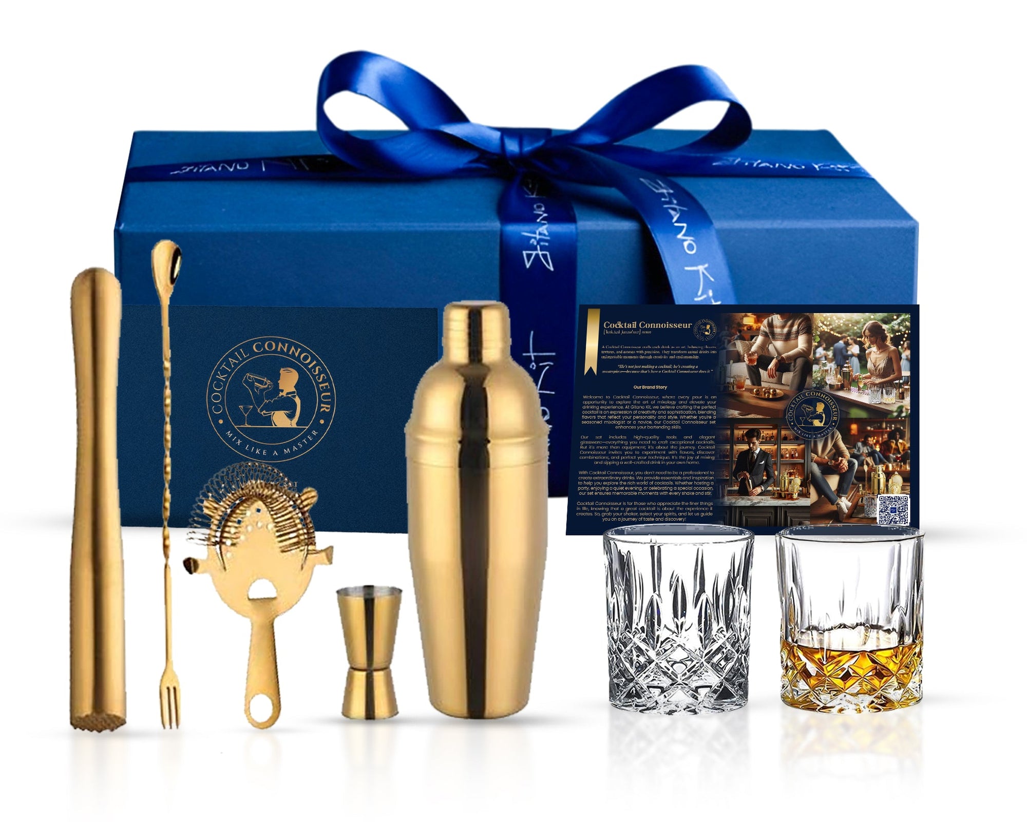 Gitano Kit Barware Set Cocktail Connoisseur: Gold Cocktail Shaker Set with Premium Whiskey Glasses – Mix and Sip Like a Pro