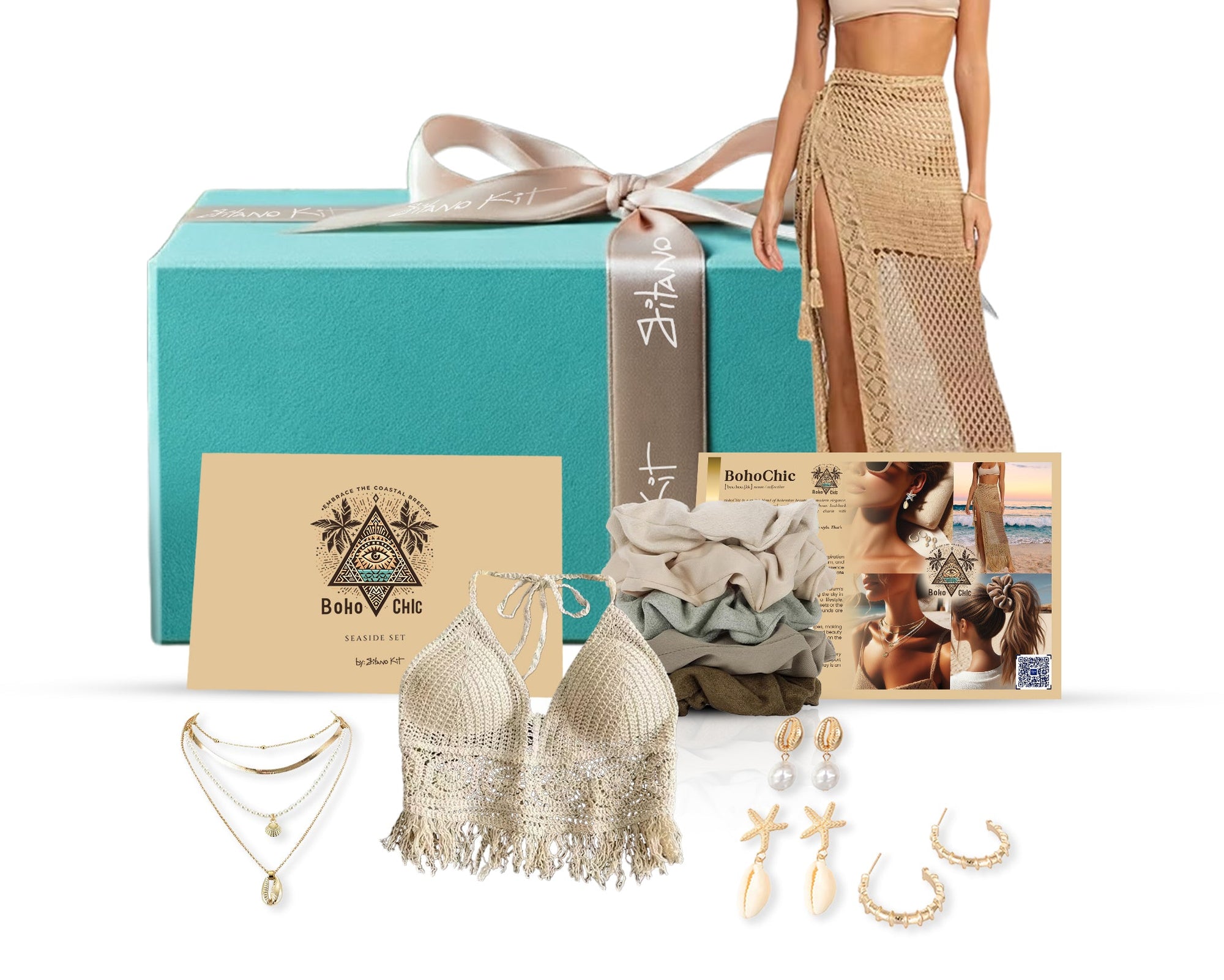 Gitano Kit Boho Chic Set For Her: Boho Chic Seaside Set - Knitted Bikini Cover-Up, Shell Earrings, Faux Pearl Necklace, Beach Crop Tops & Hair Scrunchies
