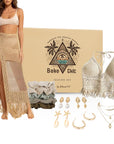 Gitano Kit Boho Chic Set For Her: Boho Chic Seaside Set - Knitted Bikini Cover-Up, Shell Earrings, Faux Pearl Necklace, Beach Crop Tops & Hair Scrunchies