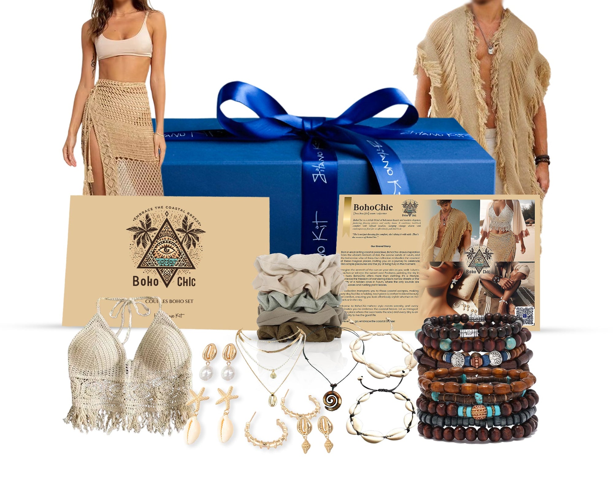 Gitano Kit Couples’ Bohemian Fashion Set For Couples: Couples Boho Set – Matching Bohemian Cardigans, Shell Jewelry, Beach Accessories & More