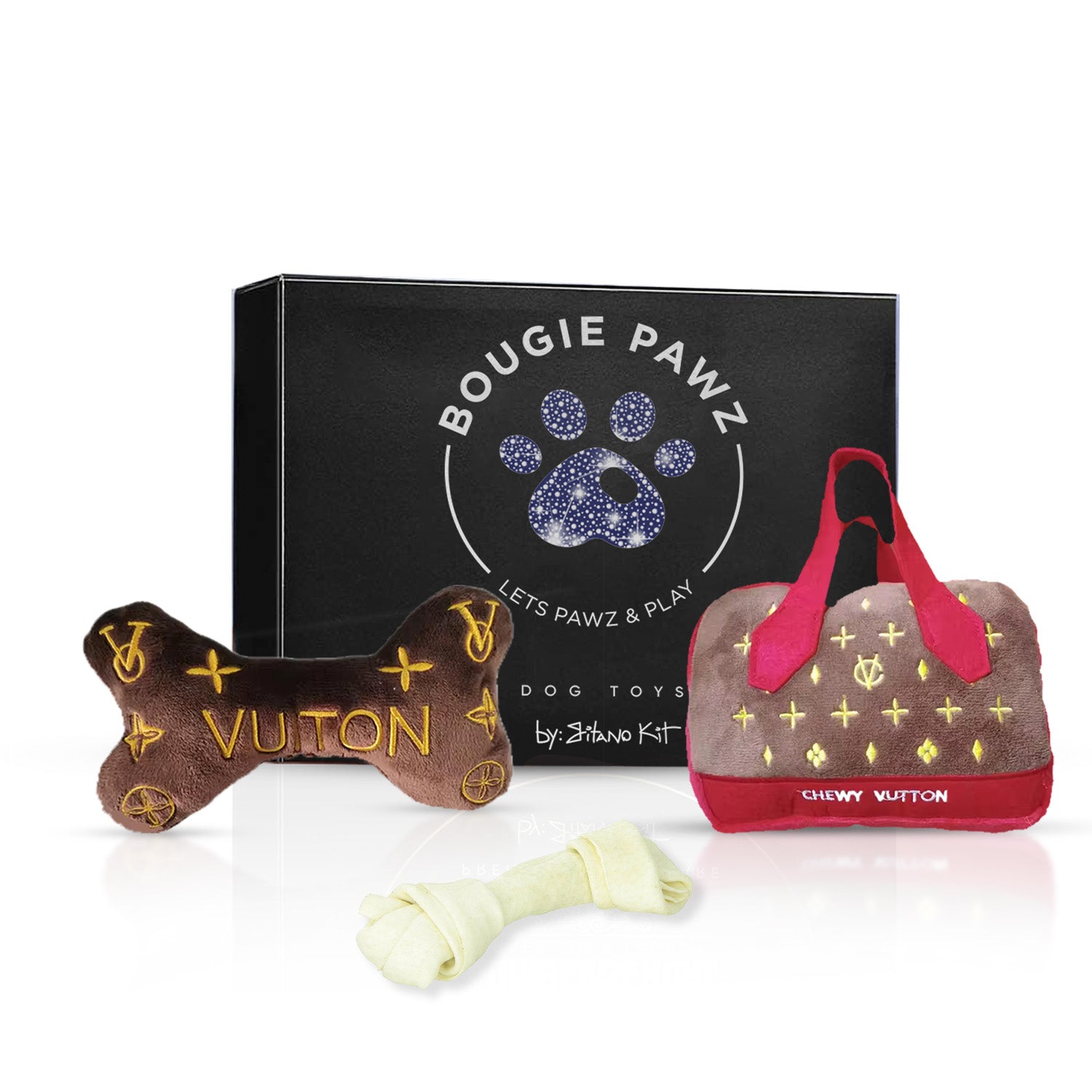 Gitano Kit Dog Toy Set For Pet: Boujee Pawz - Chewy Vuitton Plush Dog Toy Set | Luxury Designer Chew Toys for Dogs