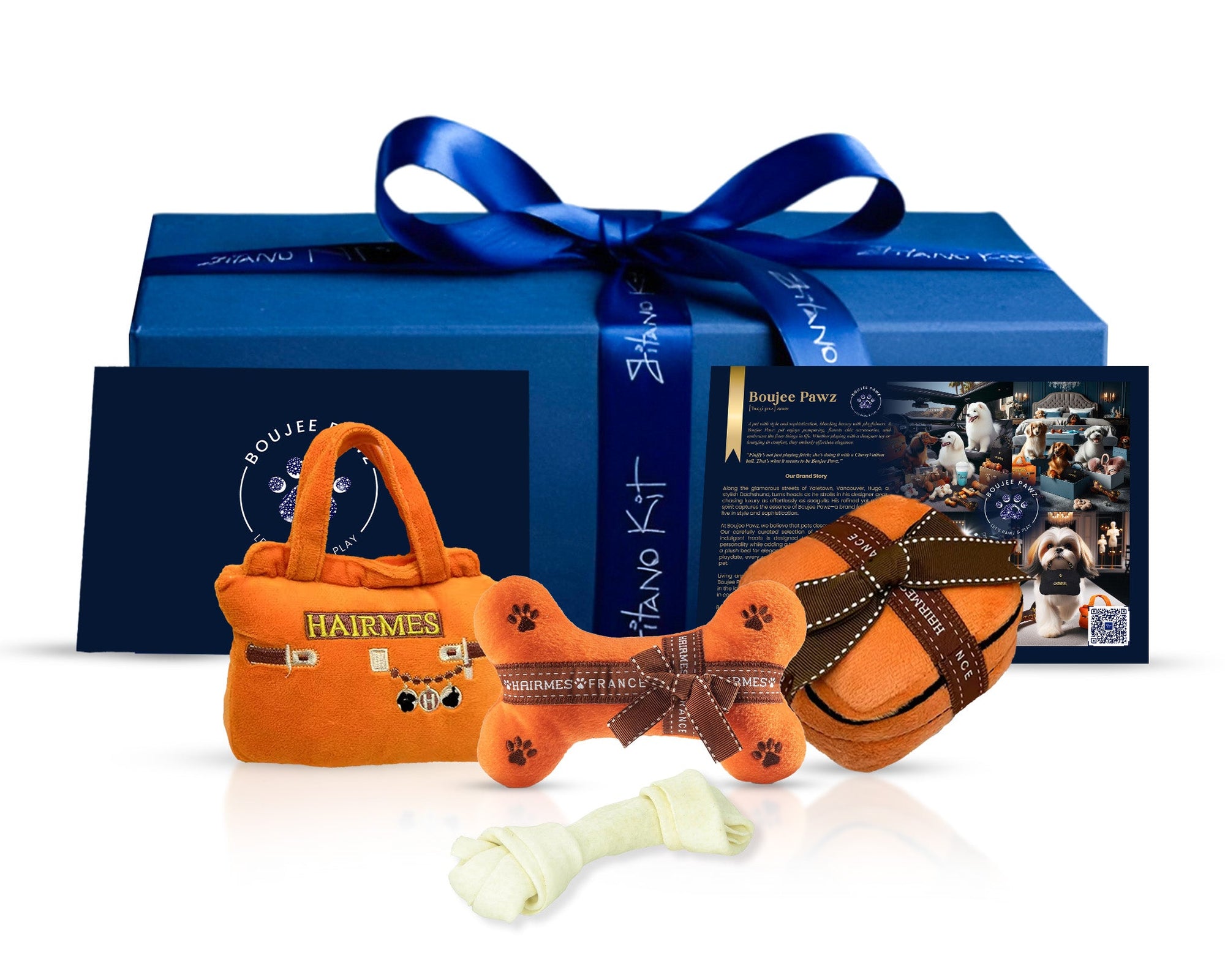 Gitano Kit Dog Toy Set For Pet: Boujee Pawz - Hairmes Plush Dog Toy Set | Luxury Designer Chew Toys for Dogs