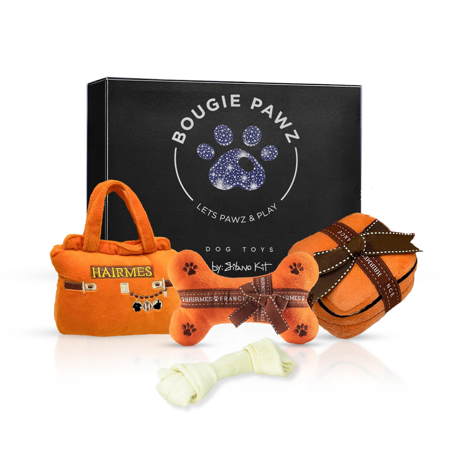 Gitano Kit Dog Toy Set For Pet: Boujee Pawz - Hairmes Plush Dog Toy Set | Luxury Designer Chew Toys for Dogs