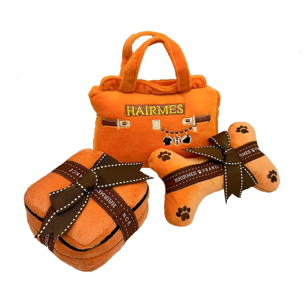 Gitano Kit Dog Toy Set For Pet: Boujee Pawz - Hairmes Plush Dog Toy Set | Luxury Designer Chew Toys for Dogs