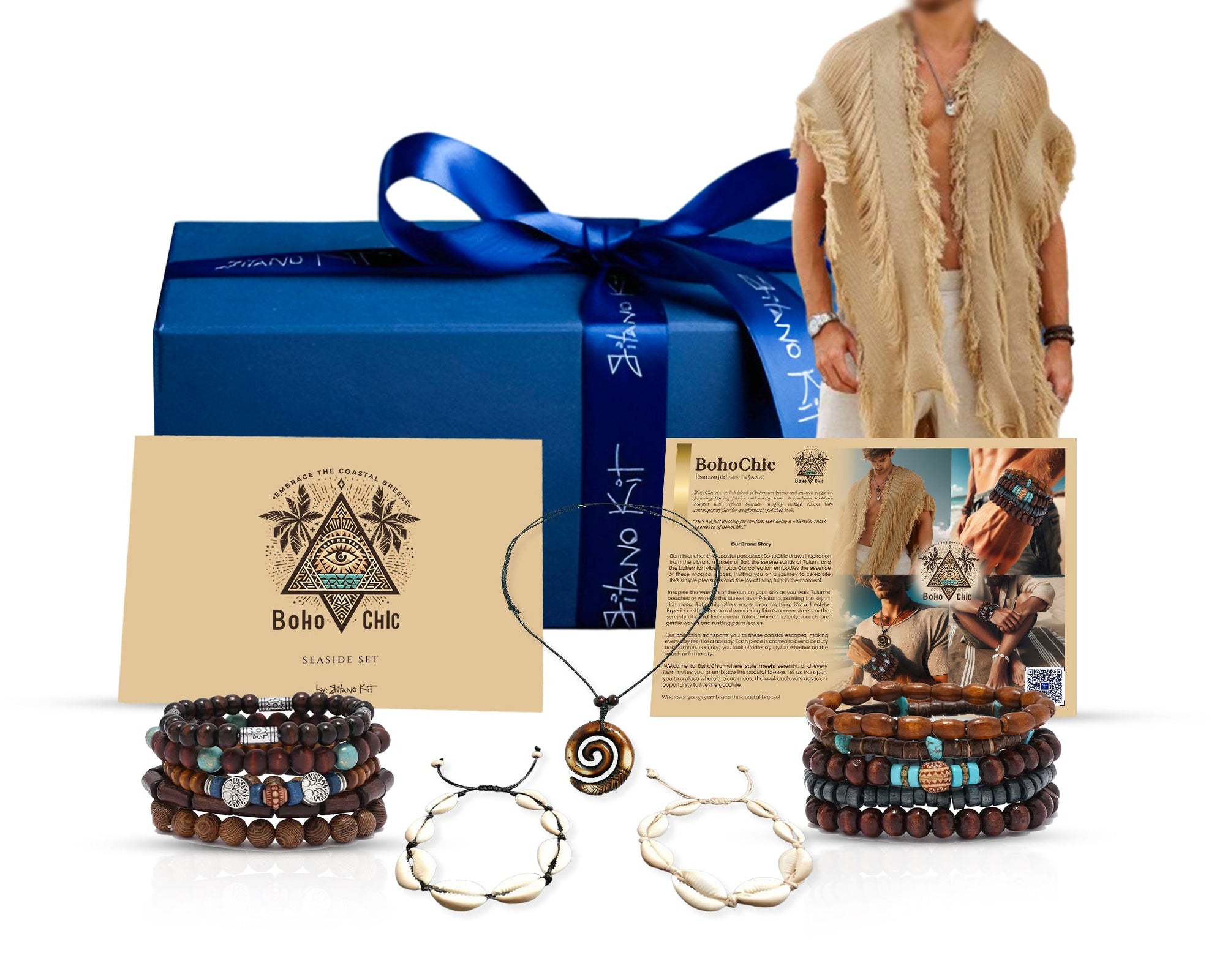Gitano Kit Men’s Bohemian Fashion Set For Him: Boho Chic Seaside Set – Trendy Fringed Cardigan, Ethnic Bracelets, Hand Woven Shell Anklets & Conch Pendant