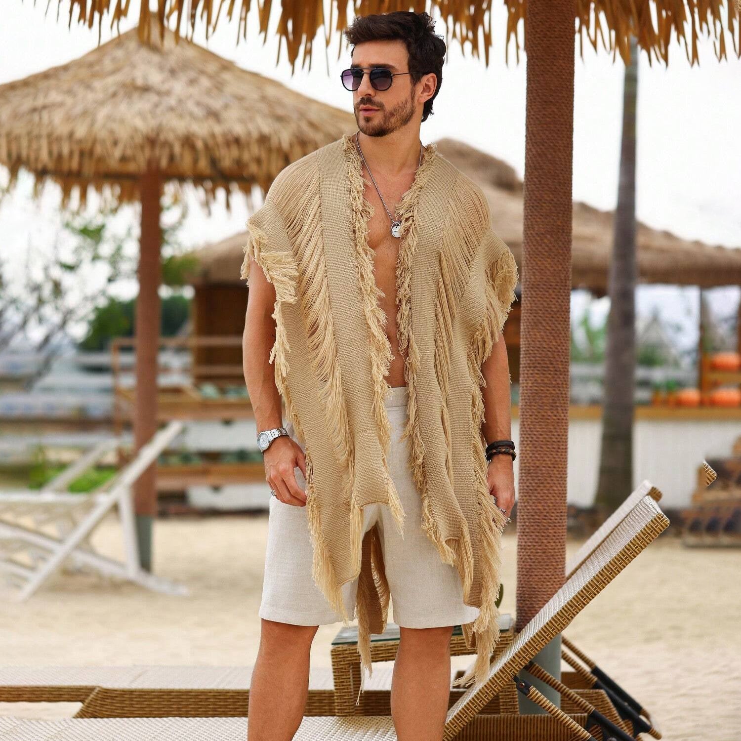 Gitano Kit Men’s Bohemian Fashion Set For Him: Boho Chic Seaside Set – Trendy Fringed Cardigan, Ethnic Bracelets, Hand Woven Shell Anklets & Conch Pendant