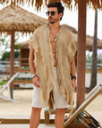 Gitano Kit Men’s Bohemian Fashion Set For Him: Boho Chic Seaside Set – Trendy Fringed Cardigan, Ethnic Bracelets, Hand Woven Shell Anklets & Conch Pendant