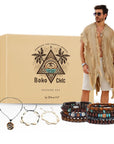 Gitano Kit Men’s Bohemian Fashion Set For Him: Boho Chic Seaside Set – Trendy Fringed Cardigan, Ethnic Bracelets, Hand Woven Shell Anklets & Conch Pendant