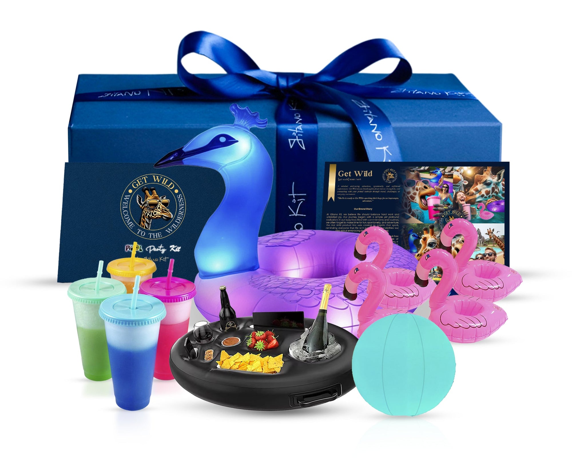 Gitano Kit Pool Party Kit For Fun: Get Wild - Get Wild - Ultimate Pool Party Kit with LED Balloon, Peacock Float, Color Changing Cups, and Flamingo Cup Holders