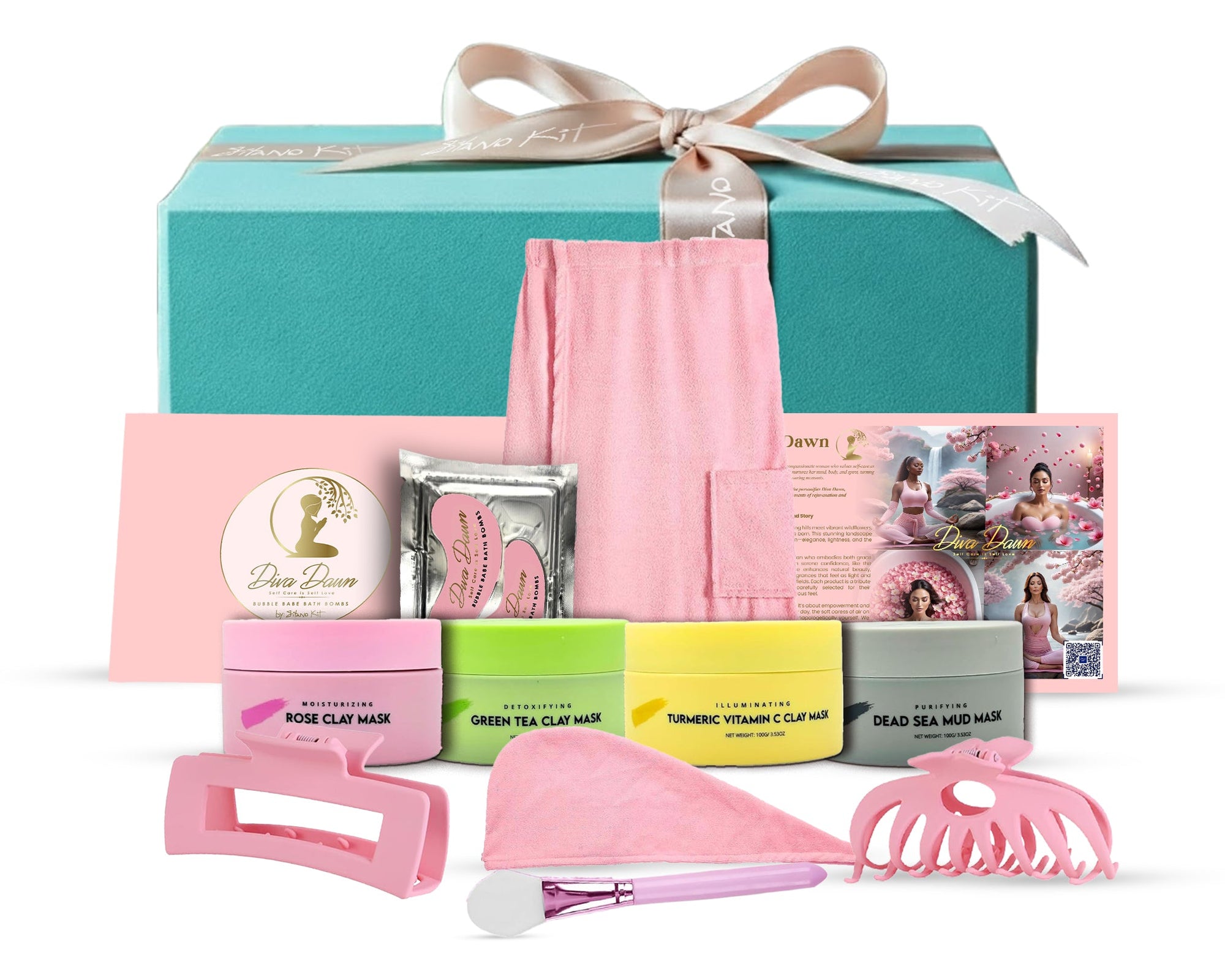 Gitano Kit Spa Kit For Her: Diva Dawn Glow Babe Spa Kit | Clay Masks, Towel Wrap, Hair Clips & Gel Masks