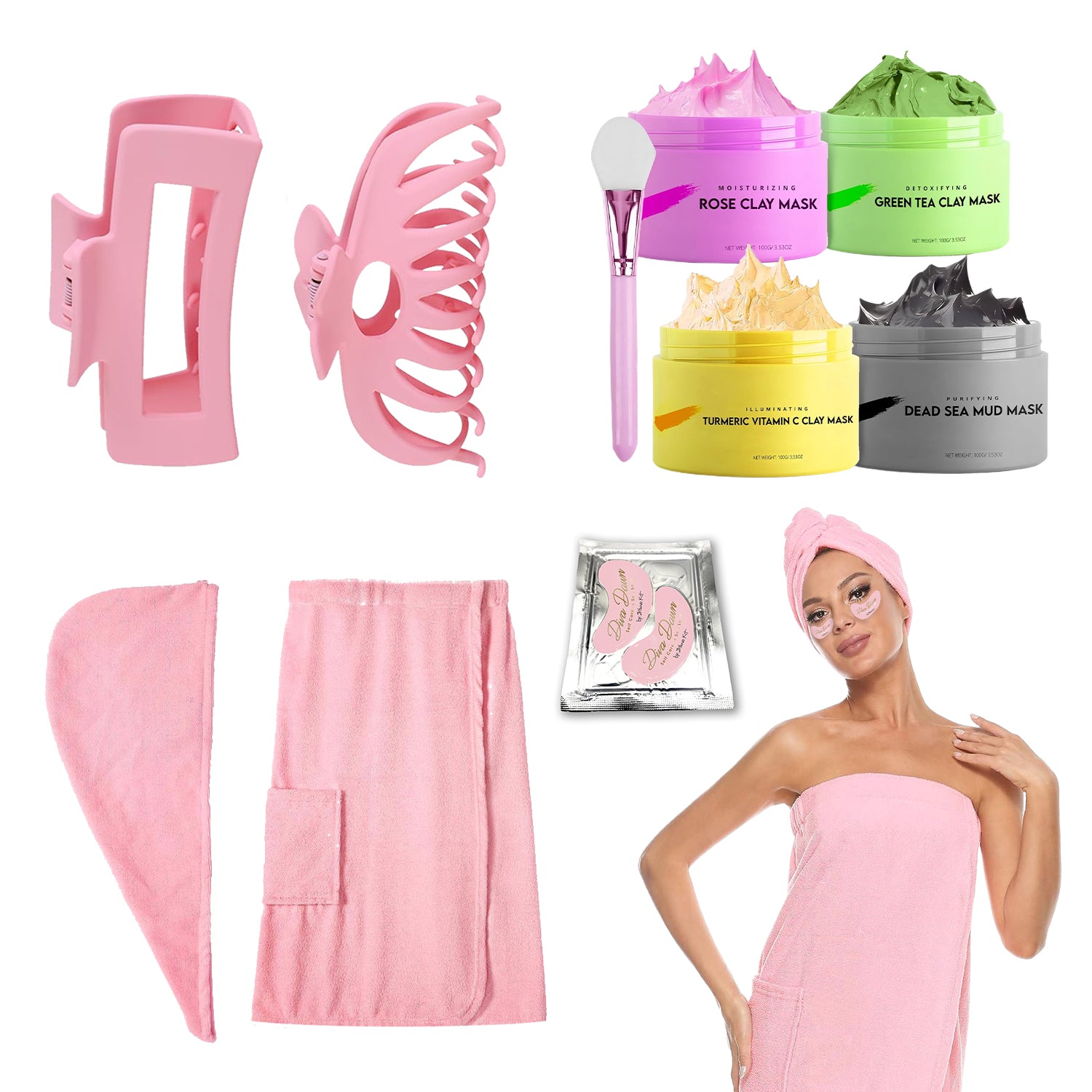 Gitano Kit Spa Kit For Her: Diva Dawn Glow Babe Spa Kit | Clay Masks, Towel Wrap, Hair Clips & Gel Masks