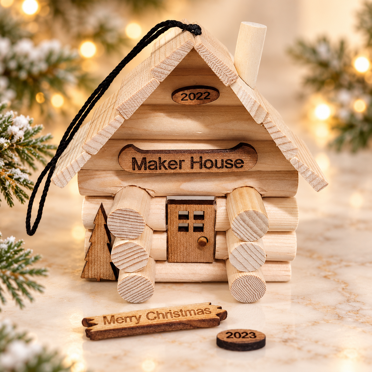 Build-it log cabin wooden Christmas ornament kit — the Christmas Eve activity, from Maker House Co.
