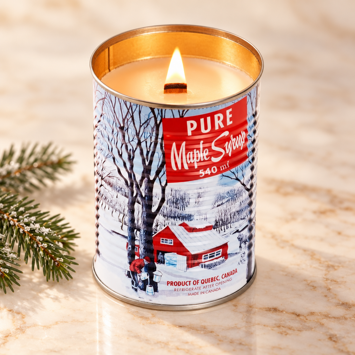 Maple Syrup Tin wood-wick candle, lit — hand-poured in Montreal by Seracon Eco-Culture