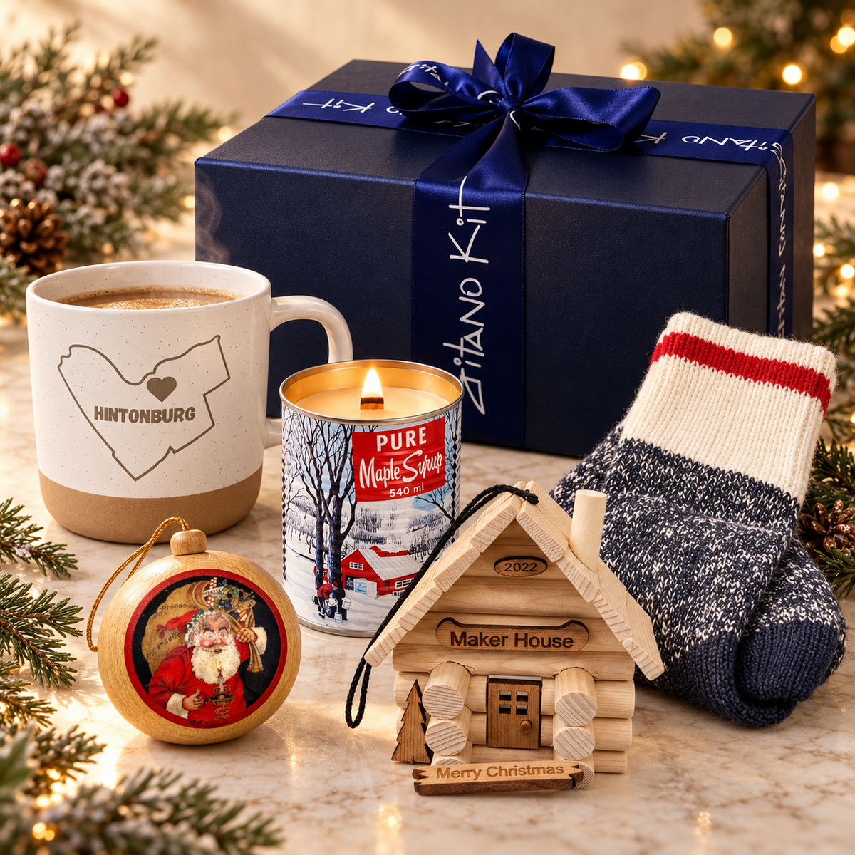 Christmas Eve Box — The Night Before Set: navy Gitano gift box with maple candle, Hintonburg ceramic mug, wool socks, Santa ornament and a log cabin ornament kit