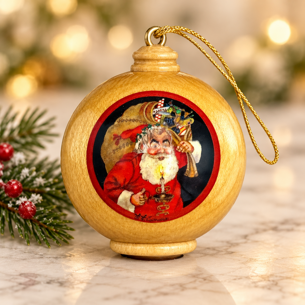 Wooden Santa keepsake ball ornament — made in Canada by Fine Wood Ornaments