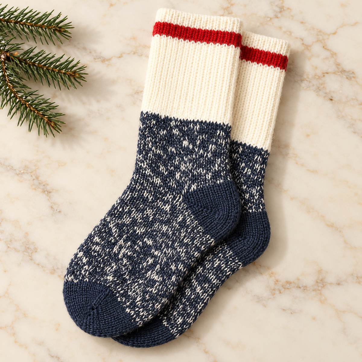 Chunky wool cabin socks, cream with navy marl and red stripe — knit in Ottawa by North Standard Trading Post