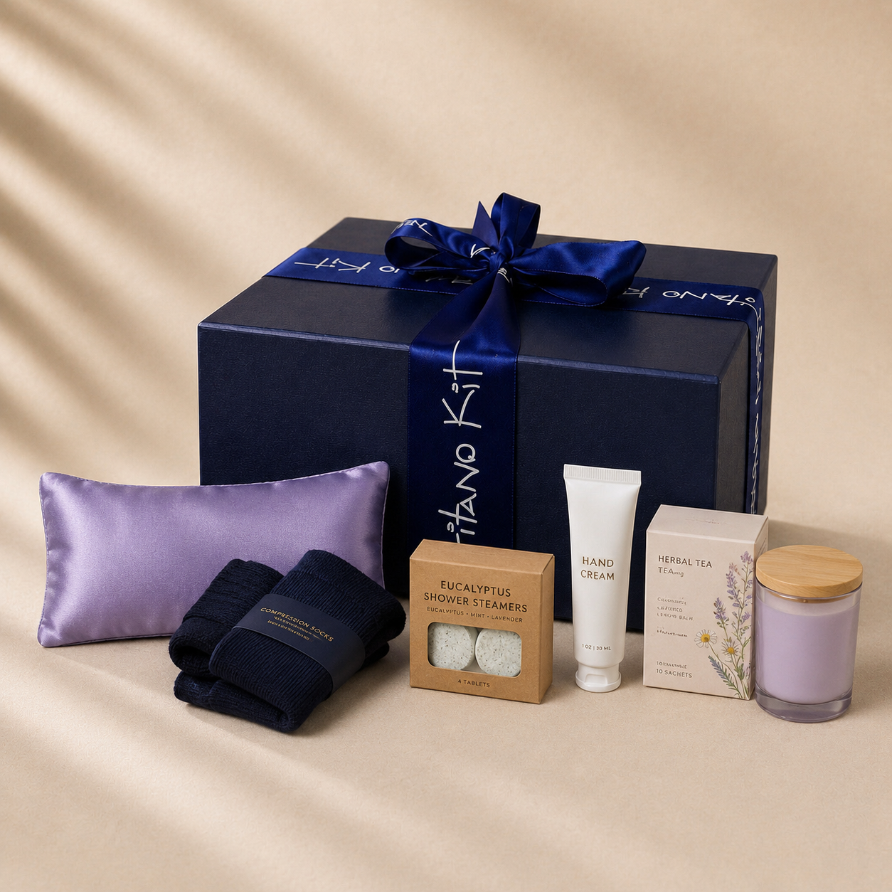 Code Calm nurse stress relief gift set in front of the signature Gitano Kit navy gift box — lavender eye pillow, compression socks, eucalyptus shower steamers, hand cream, herbal tea and lavender candle