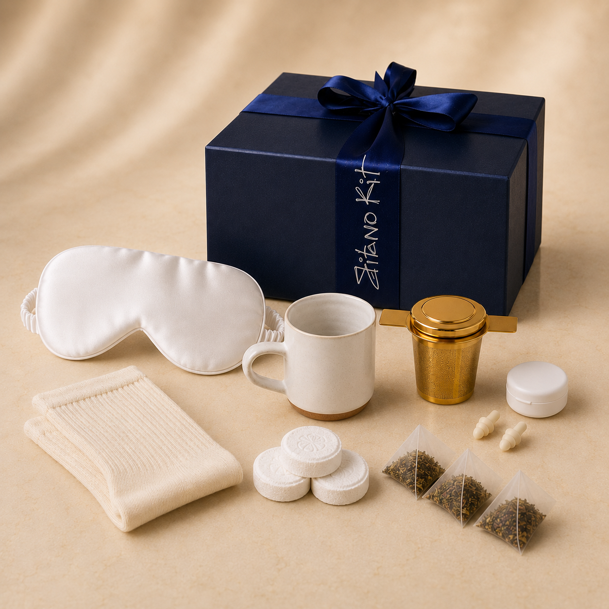 First Semester Survival university student care package — seven comfort items with the Gitano Kit navy gift box