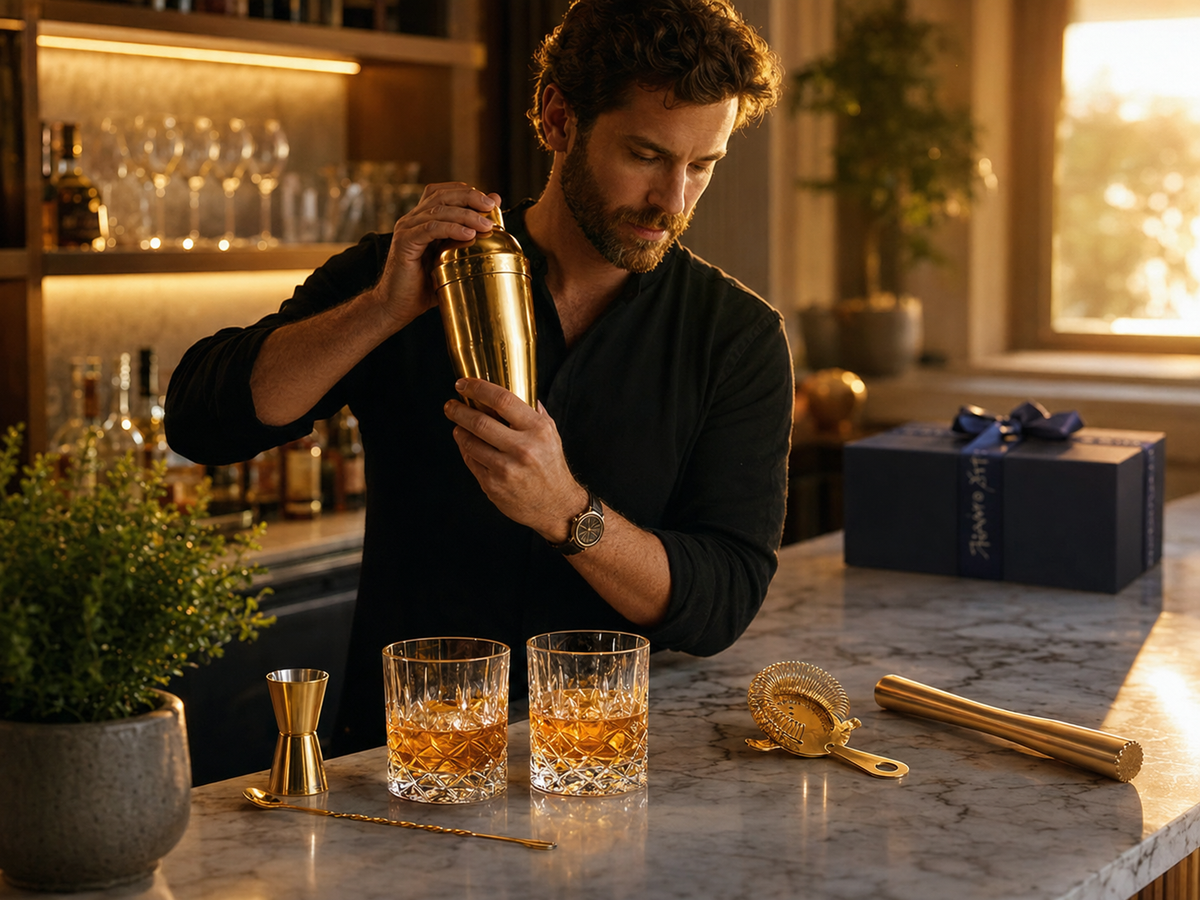 Golden hour cocktail set lifestyle photo 1 - man at home bar with gold shaker and whiskey glasses