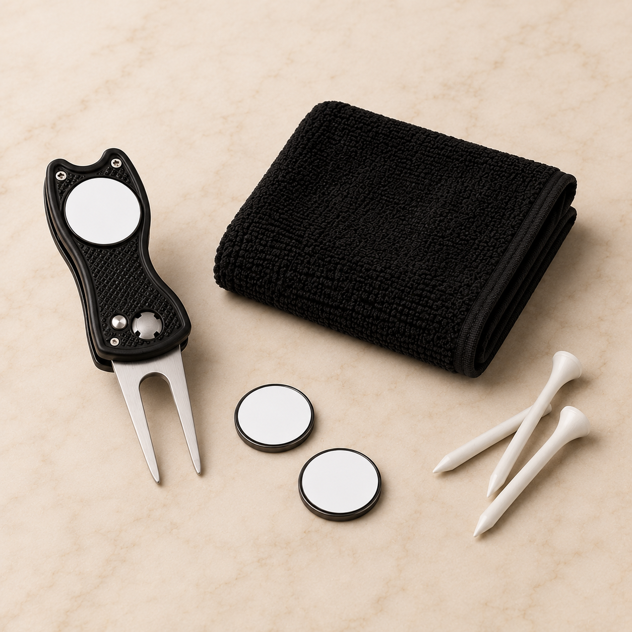 Golf gift set in black - divot tool, ball markers, tees and towel