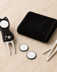 Golf gift set in black - divot tool, ball markers, tees and towel