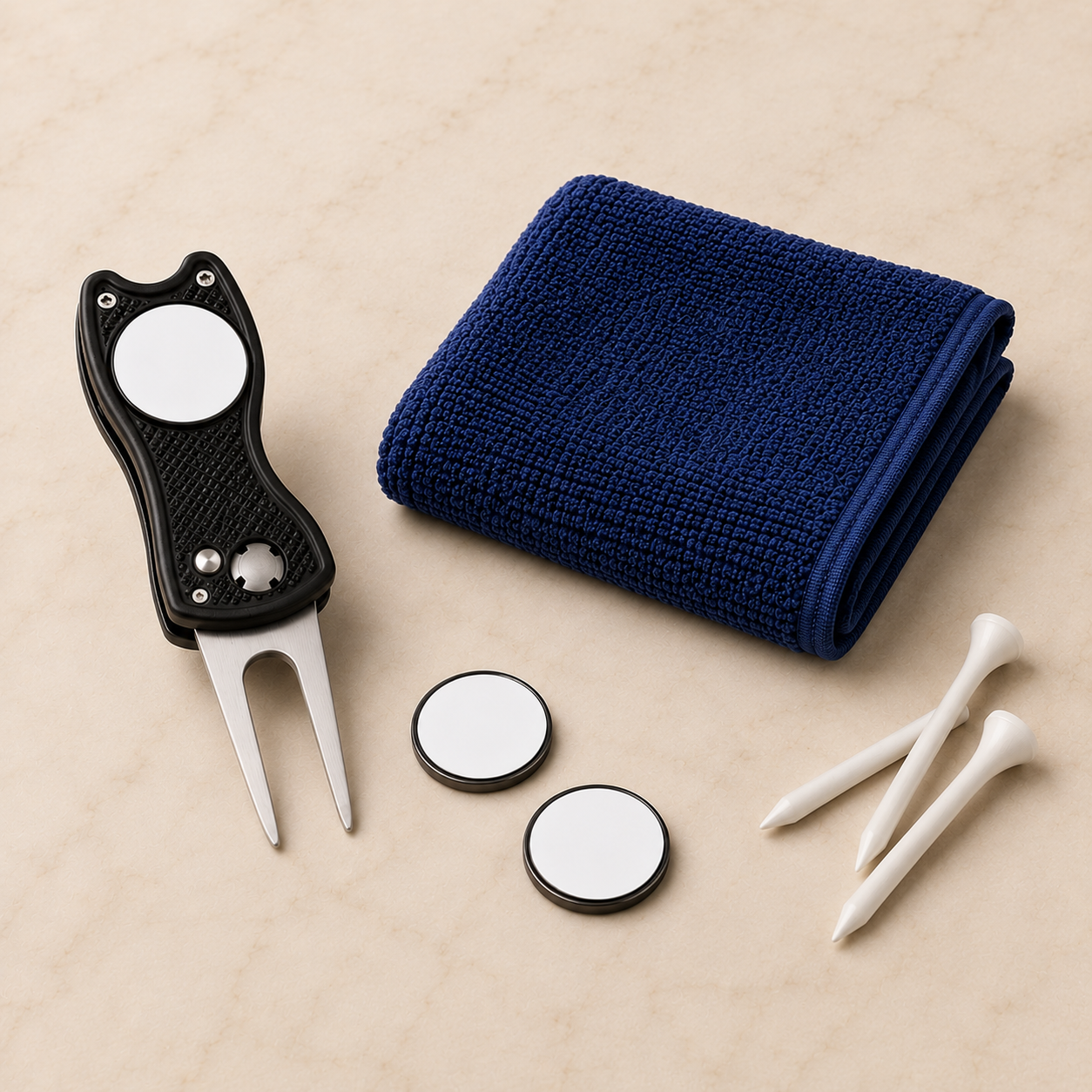 Golf gift set in navy - divot tool, ball markers, tees and towel