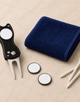 Golf gift set in navy - divot tool, ball markers, tees and towel