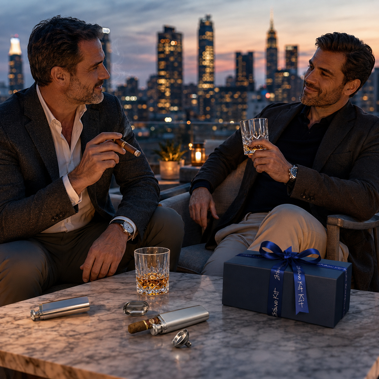Two men on a city rooftop terrace at dusk enjoying cigars and whiskey with the Gitano Les Connaisseurs kit