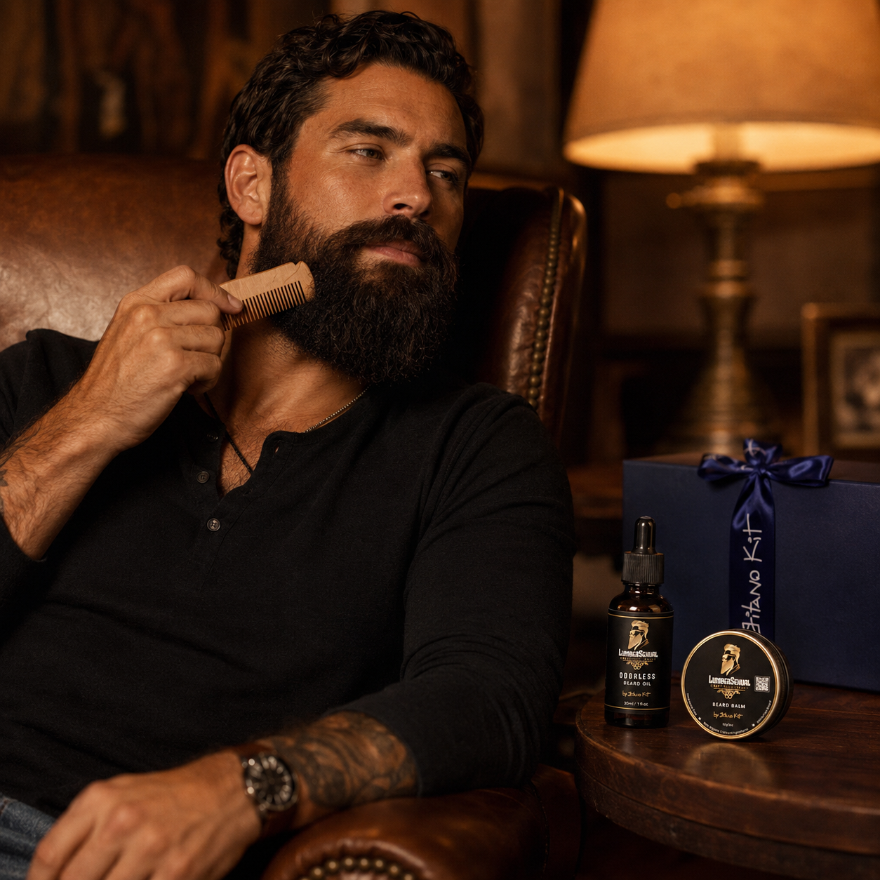 LumberSexual Beard Kit lifestyle evening grooming armchair scene