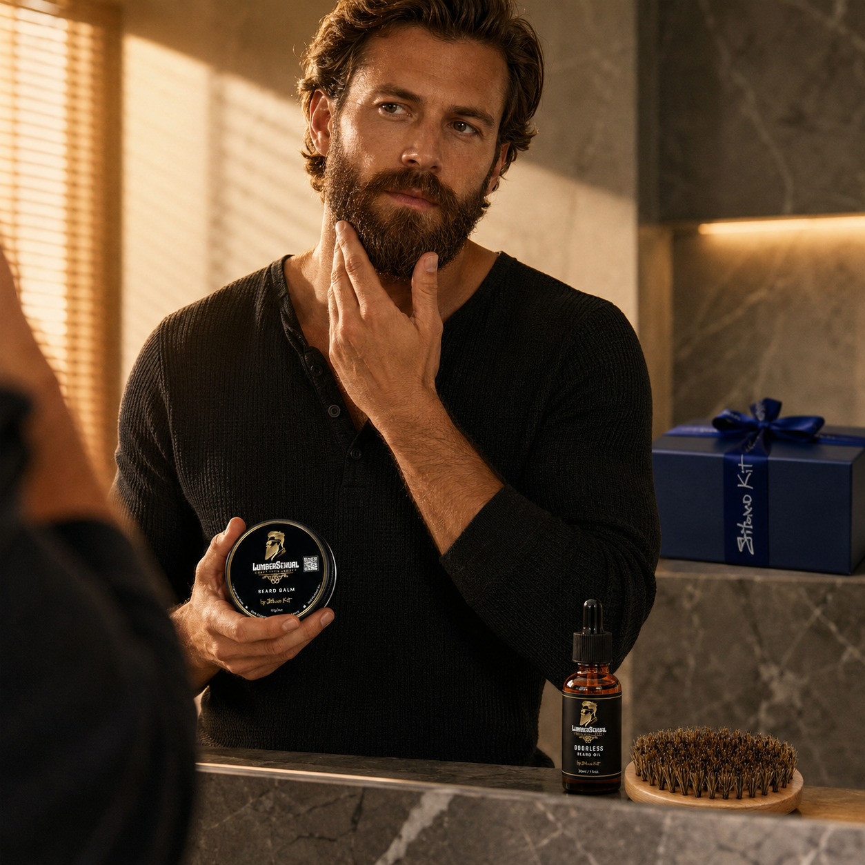 LumberSexual Beard Kit lifestyle morning grooming scene