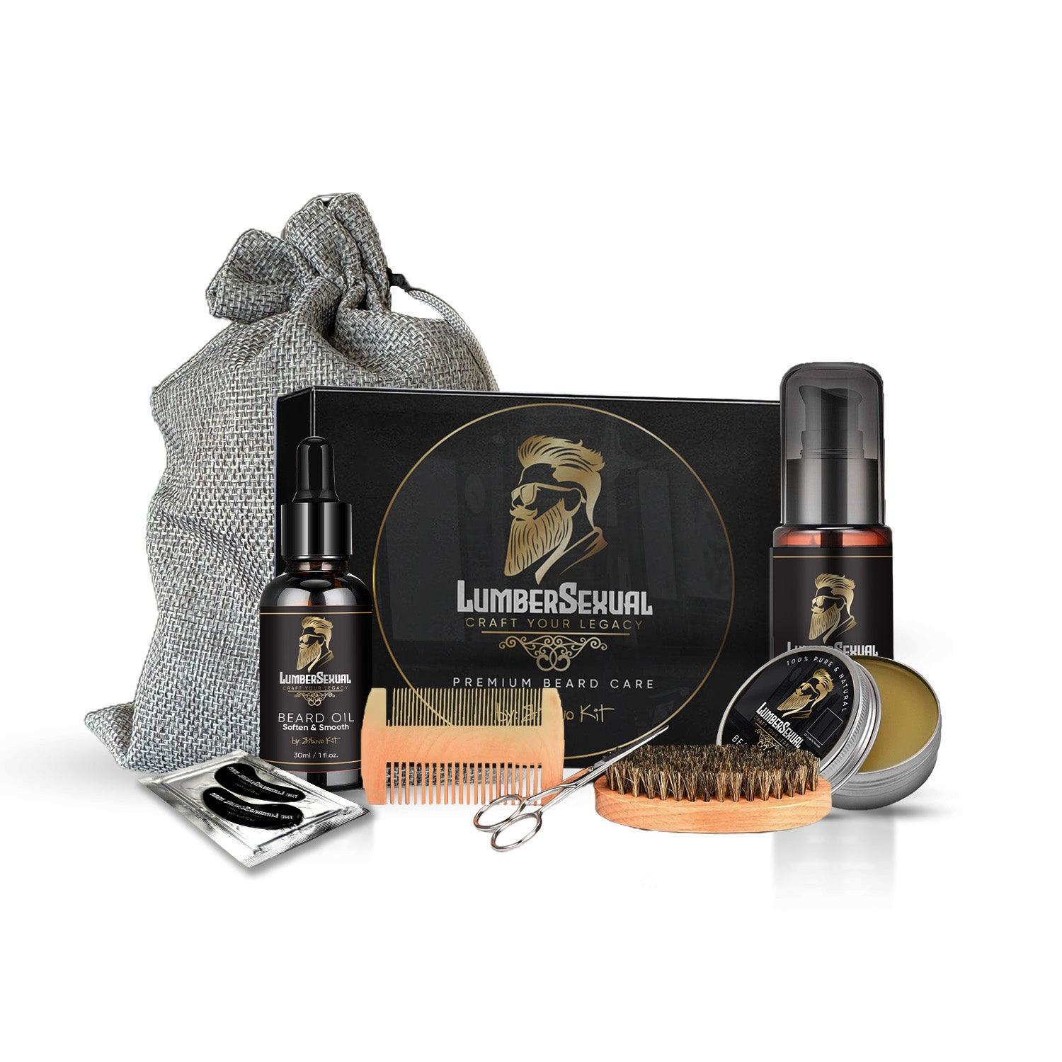 Complete ‘Lumber Sexual’ Beard Care Kit with natural grooming essentials including Beard Balm, Oil, Wash, Scissors, Brush, Comb, and Under Eye Mask, presented in luxury gift wrap for the sophisticated modern man.