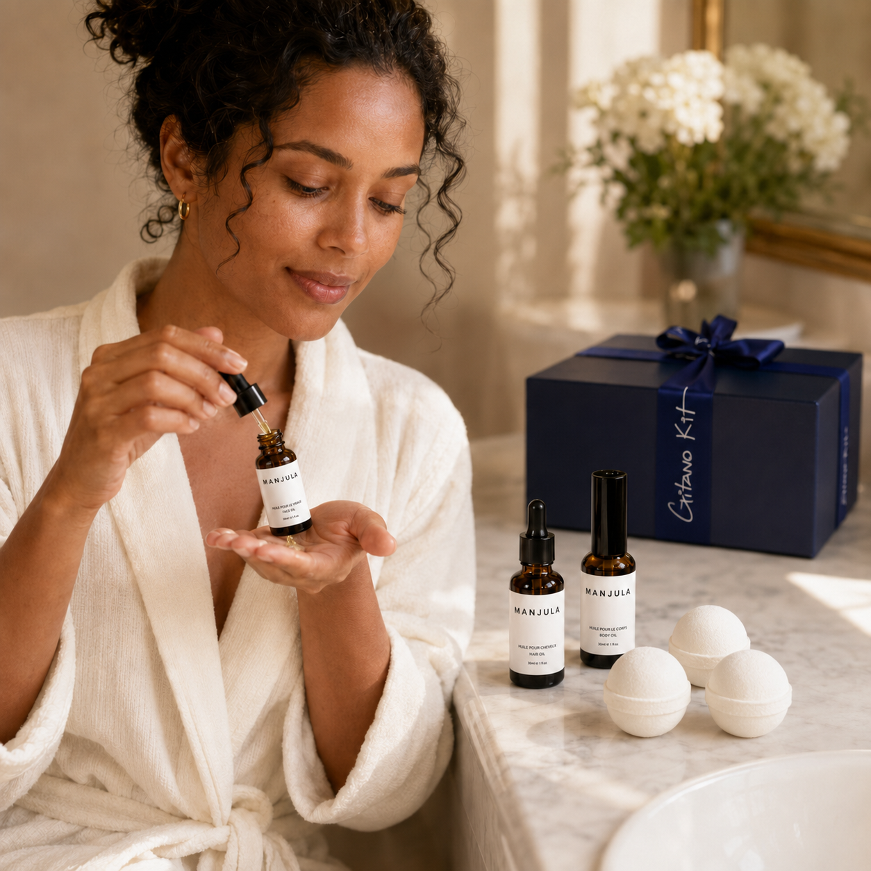 MANJULA Discovery Set lifestyle morning — woman applying face oil at vanity with Gitano Kit box