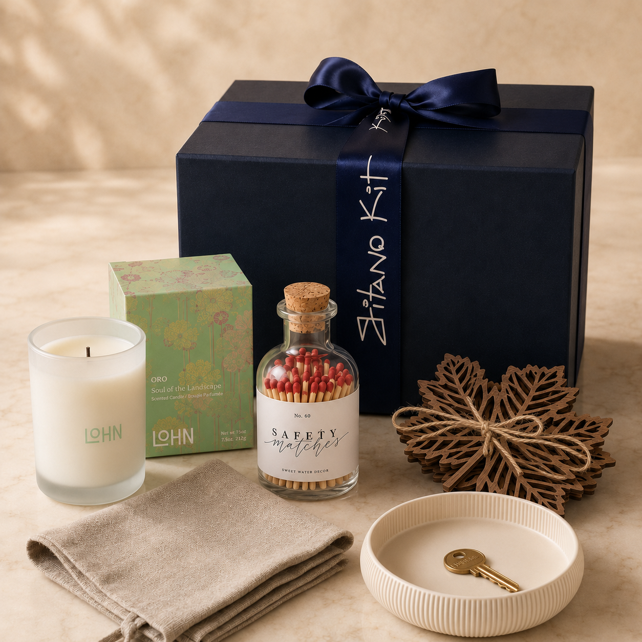 Housewarming gift box hero — New-Home Ritual kit: LOHN ORO candle, apothecary matches, linen tea towel, maple-leaf coasters and ceramic key dish in front of the navy Gitano Kit box