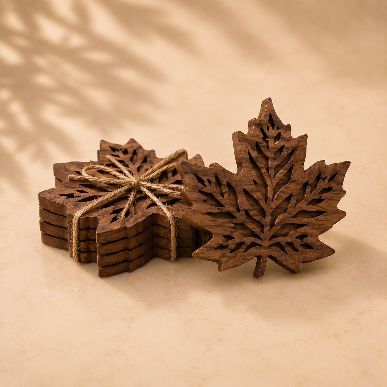 Handmade walnut maple-leaf coasters set of 4 — made in Canada — New-Home Ritual housewarming gift box