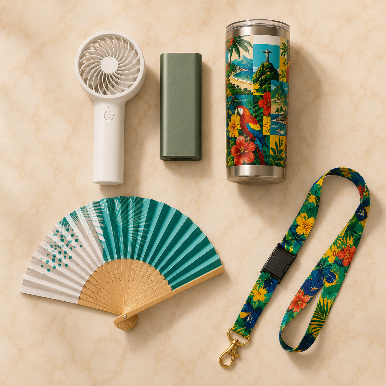 Sol &amp; Samba flat-lay — handheld turbo fan, mini power bank, tropical tumbler, teal folding hand fan and tropical lanyard on cream marble