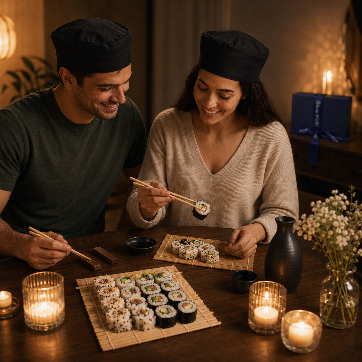 Couple enjoying candlelit sushi dinner they made together with the Gitano Kit Sushi Night Set