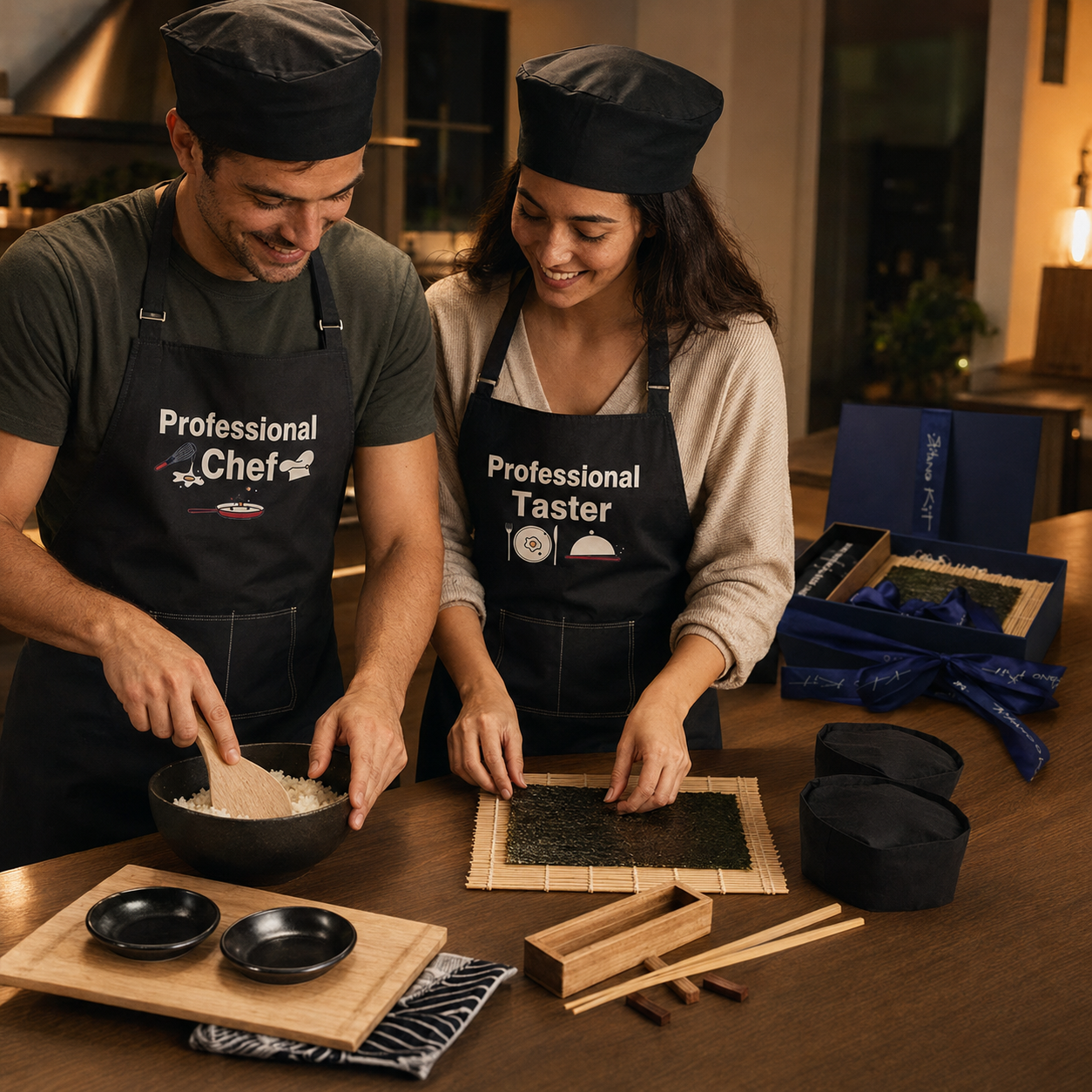 Couple making sushi together at home with the Gitano Kit Sushi Night Set