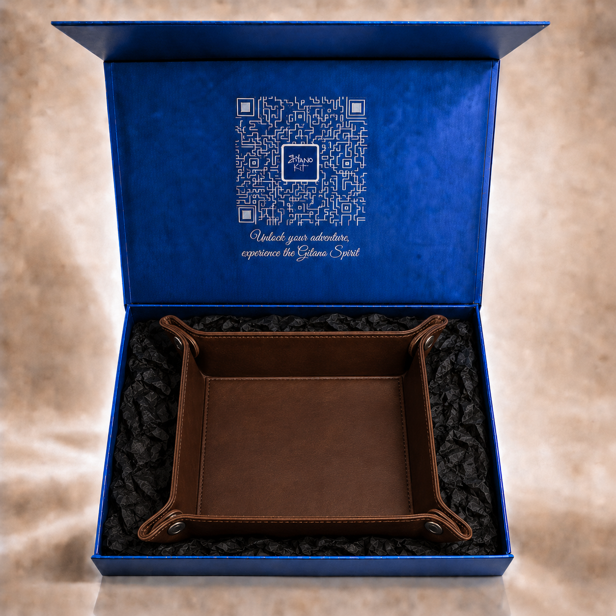 Leather valet tray inside the open Gitano Kit gift box
